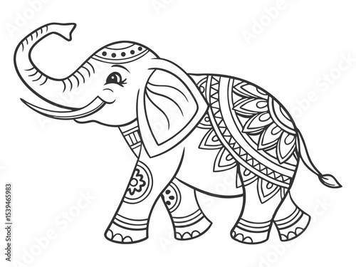 Funny cartoon circus elephant balancing on a ball. Black and white vector illustration for coloring book