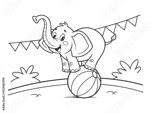 Funny cartoon circus elephant balancing on a ball. Black and white vector illustration for coloring book
