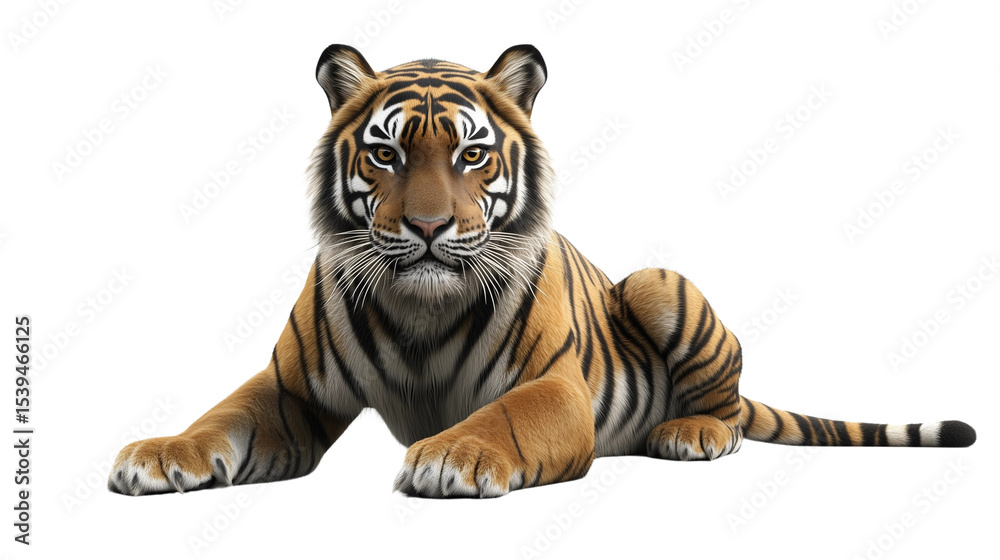 Obraz premium realistic tiger lying down, realistic tiger lying down front view, majestic realistic tiger lying down, realistic tiger lying down