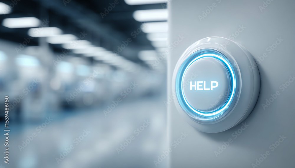 © Anatthaphon - Futuristic help button with blue light in modern interior, emergency assistance concept, technology support