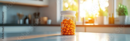 Orange pills in a clear glass jar on a kitchen counter