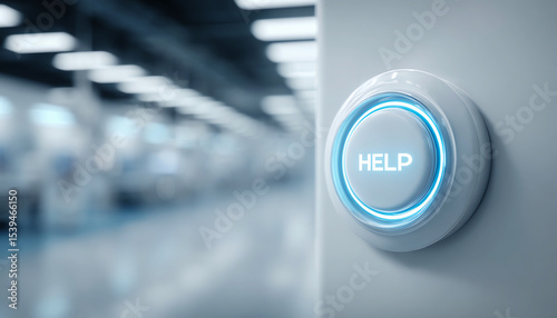 Futuristic help button with blue light in modern interior, emergency assistance concept, technology support