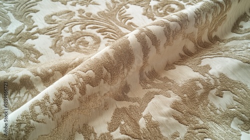 Beige damask fabric texture with elegant floral pattern, draped and folded.