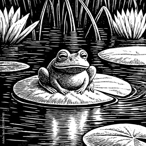 frog sitting on a lily pad surrounded by still water