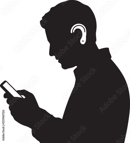 Silhouette of a Man Using Smartphone with Hearing Aid Device Vector