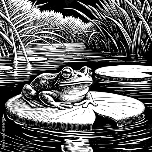 frog sitting on a lily pad surrounded by still water