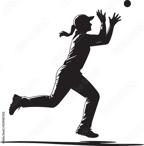 Female Softball Player Catching Ball Silhouette Action Sport Vector Art
