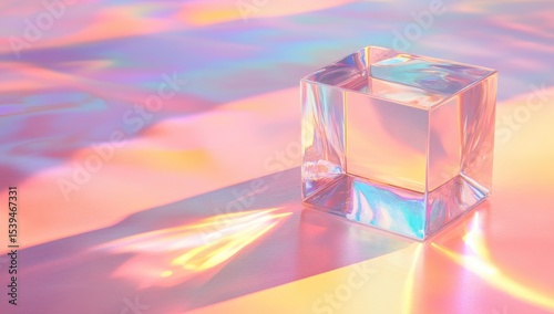 Clear glass cube on iridescent background