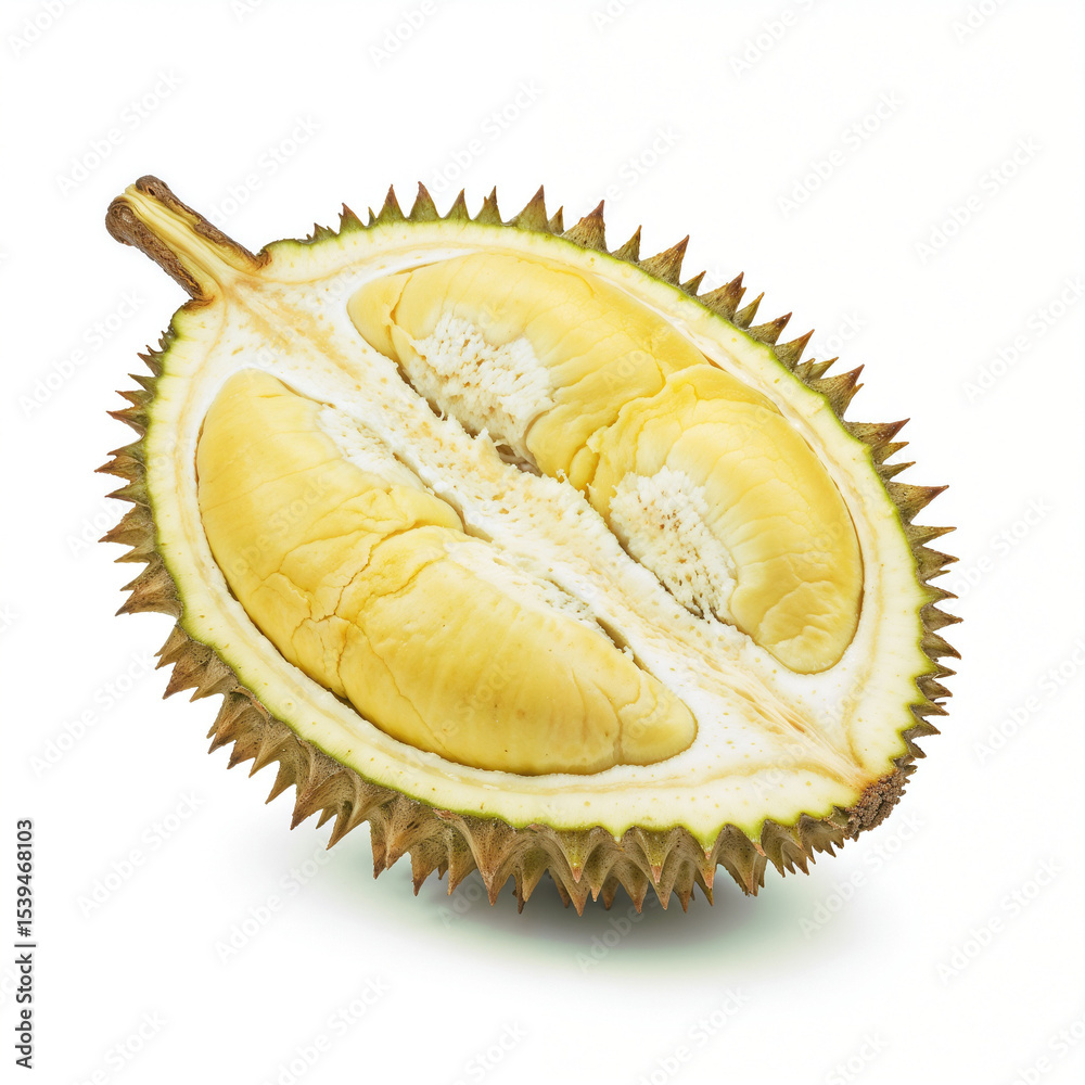 Fototapeta premium Halved durian showcases creamy yellow segments and thick husk against a white backdrop with soft shadows