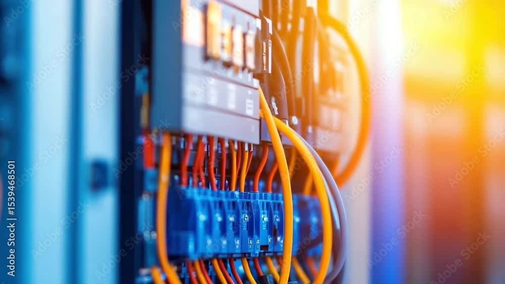 Electrical control panel featuring colorful blue and orange wires, circuit breakers, and advanced industrial technology illuminated by warm light showcasing detailed wiring and connectivity