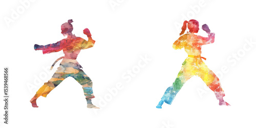 abstract color silhouette of woman karate watercolor vector illustration