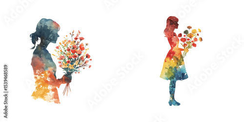 abstract color silhouette of woman holding flowers watercolor vector illustration