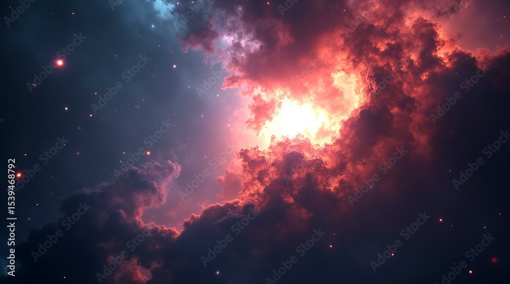 Naklejka premium Majestic space nebula with glowing cosmic clouds, shimmering stars, and deep galactic hues, creating a stunning, otherworldly scene perfect for sci-fi art, astronomy visuals, and fantasy designs