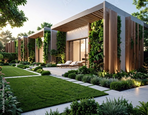 Modern home exterior with lush landscaping.  Tranquil, contemporary, and inviting residence with a  green wall and wooden accents.  Well-maintained lawn and gardens surrounding a patio area