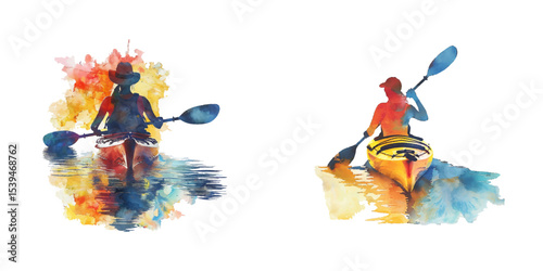 abstract color silhouette of woman kayaking watercolor vector illustration