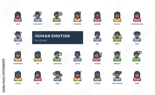 Human Emotion Icon Set with Expression and Mood Symbols