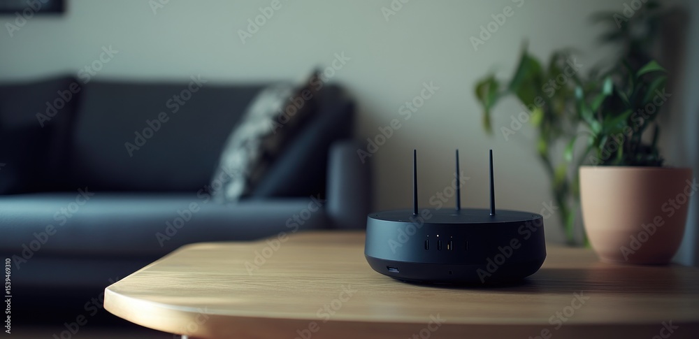 Obraz premium Black wireless router on a wooden coffee table in a living room