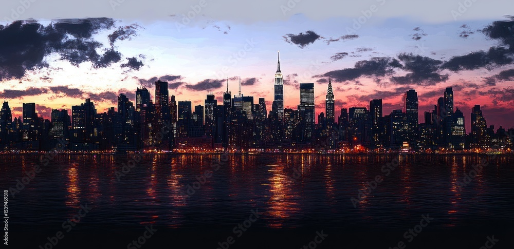 Fototapeta premium Vibrant city skyline at dusk with illuminated skyscrapers reflecting on calm water under a colorful cloudy sky