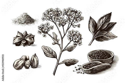 Vintage seed sketch of mustard with branching flowers, seeds, pods, and crushed spice forms in detailed engraved format. Ultra HD