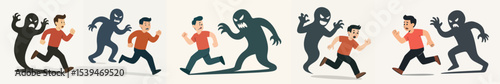 Vector Set The man is running away from his scary shadow
