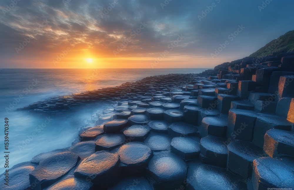 Obraz premium Sunset over unique hexagonal basalt rock formations along a misty coastline with a dramatic cloudy sky