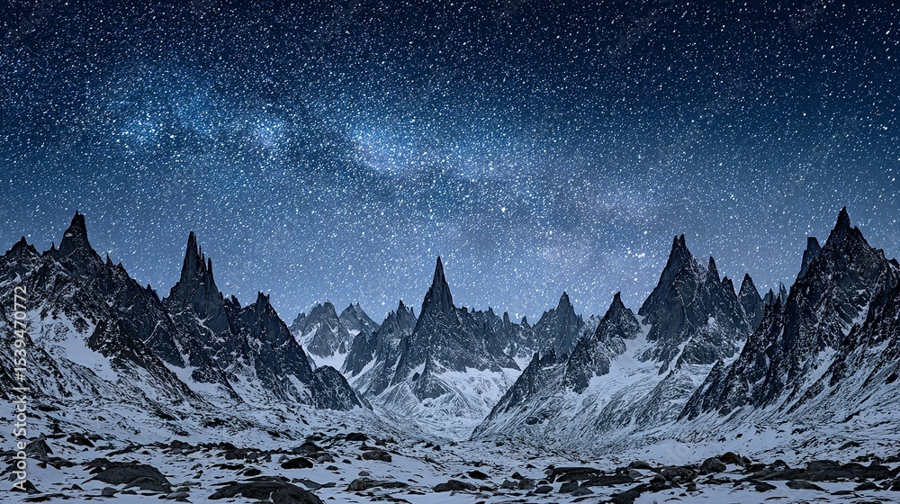 Snowy mountain peaks under a starlit sky. Snowy mountain peaks under a starlit sky.