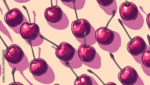 A vibrant pattern of ripe cherries arranged on a pale background, casting subtle shadows