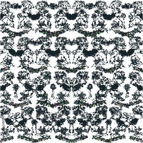 Distorted texture is formed from repeating symmetrical noisy patterns or spots.