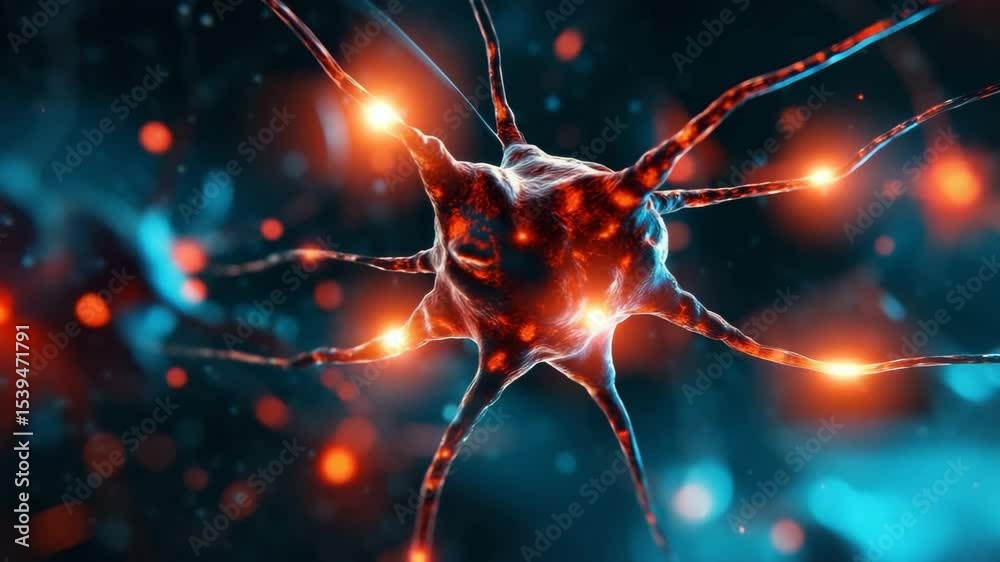 Neural cell with glowing synapses transmitting signals dark blue and orange abstract background illustrating brain activity nerve communication complex network connections and vibrant light effects