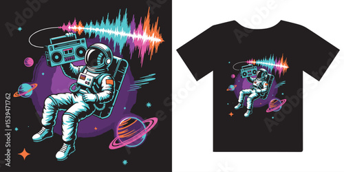 Astronaut Floating in Space with Boombox and Sound Waves - Cosmic Music Adventure Illustration

