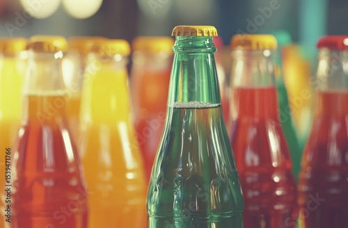 Close-up of colorful soda bottles in a market setting