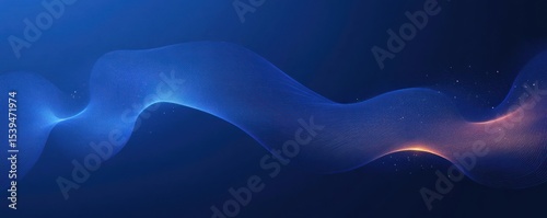 Abstract flowing wave of blue and orange light particles on dark blue background creating a dynamic digital energy effect