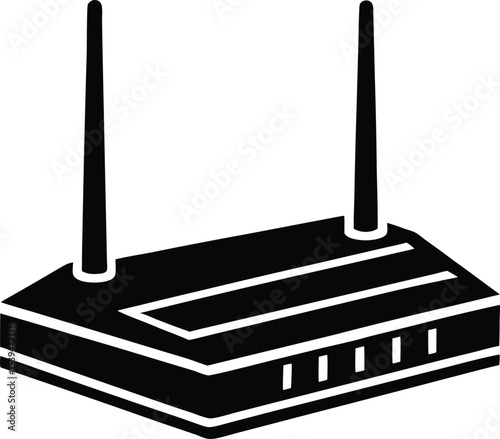 Black and white illustration of Silhouette a wireless internet router with antennas