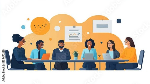 Diverse group of six people sitting around a table working on laptops with charts and papers on the wall, engaged and collaborative atmosphere