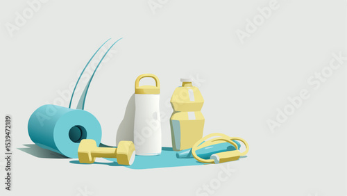 A still life of fitness equipment including a yoga mat dumbbell water bottles and jump rope on a mat