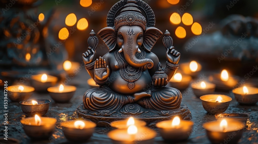 Fototapeta premium Intricately detailed elephant-headed deity statue surrounded by glowing small oil lamps creating a serene and reverent atmosphere