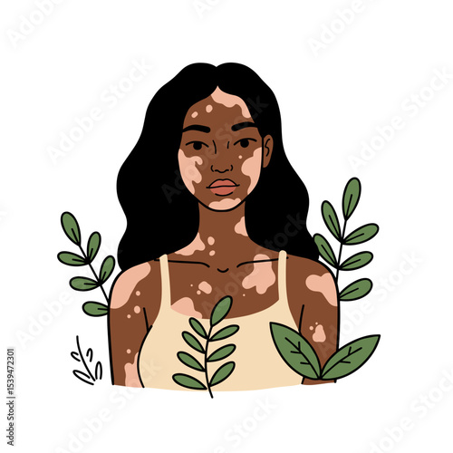 Young woman with long hair surrounded by green leaves in illustration  