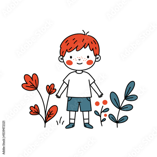 Young boy standing among colorful flowers in a simplistic style  