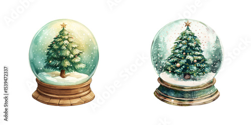 christmas tree in snowglobe watercolor vector illustration