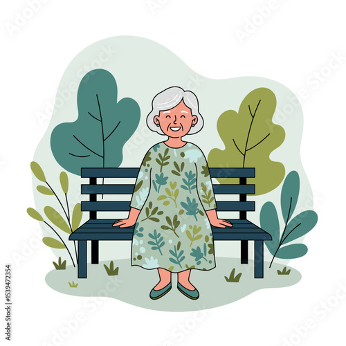 Elderly woman smiling while sitting on a park bench surrounded by plants  