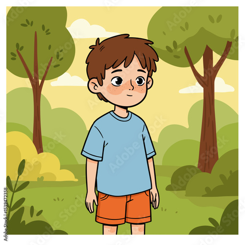 Young boy standing in a park surrounded by trees and greenery  