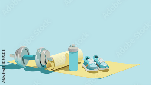 Still life of workout equipment including dumbbell, yoga mat, water bottle and athletic shoes