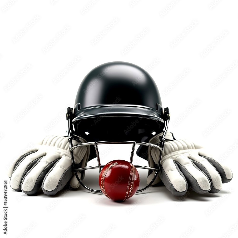Fototapeta premium Set of detailed cricket gear including bat, ball, helmet, and gloves, carefully arranged and isolated on a transparent background, ideal for sports design and promotional use.