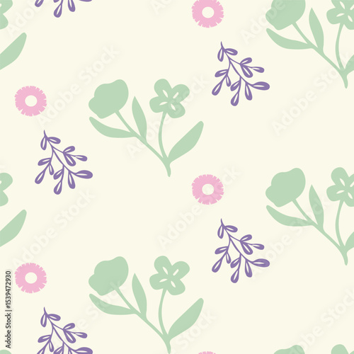 Seamless Floral Pattern with Green, Purple, and Pink Flowers on Light Background