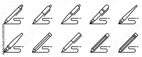 Pen and pencil line icon set. Marker and crayon drawing symbol. Sketching tools vector illustration isolated. Drawing pen, edit, notepad, writing ink mark icons. Writing pencil icons.
