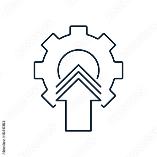Gear, arrow. Concept workflow, implementation of new technologies. Vector linear icon isolated on white background.