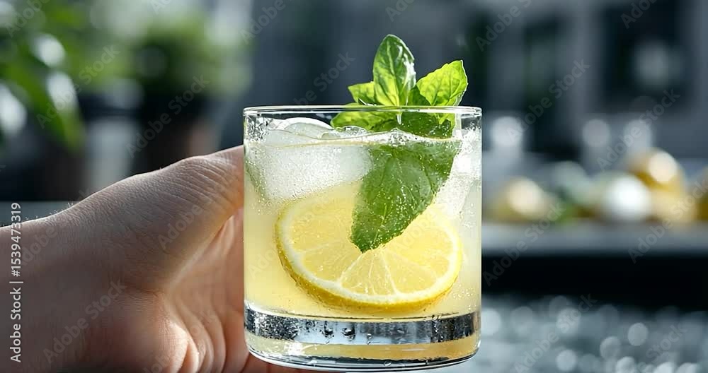 Close-up of a hand holding a refreshing lemon and mint drink with ice in a rocks glass.  The background is blurred, showing greenery and a patio setting