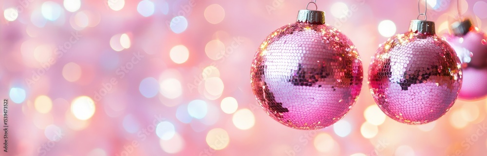 Fototapeta premium Festive pink Christmas ornaments against a soft, blurred background of bokeh lights