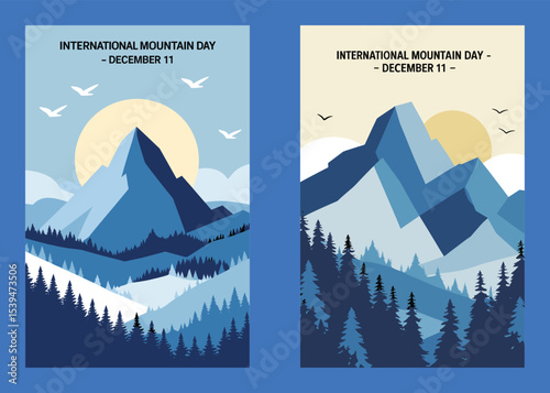 International Mountain Day Banners With Abstract Mountain Peak And Forest
