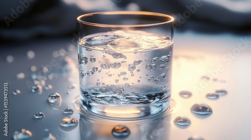 Wallpaper Mural Clear glass filled with sparkling water and ice cubes surrounded by water droplets on a reflective surface under warm soft lighting Torontodigital.ca